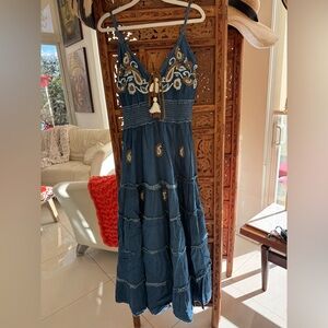 Boho Embroidered Maxi Dress in Denim Blue